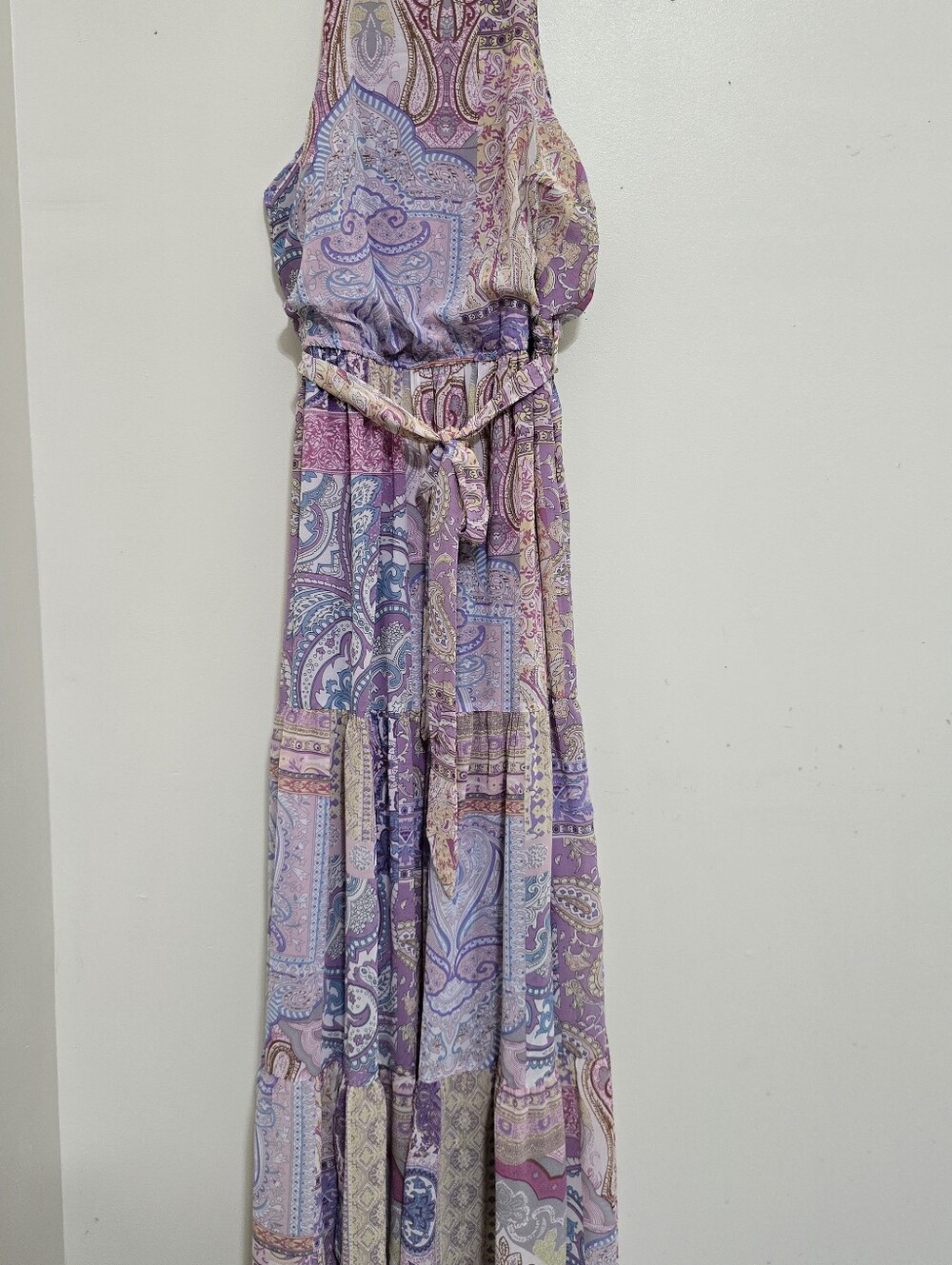 ALMOST PINK size Medium Sleeveless Paisley Print Tie Waist Maxi Dress Purple - Picture 11 of 14